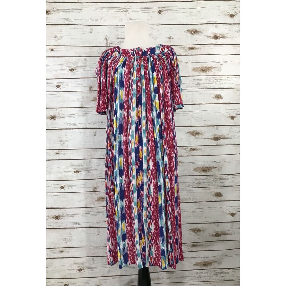 Go Softly‎ Patio Womens Small Multicolor Ikat Rayon Lounger Muumuu Midi Dress